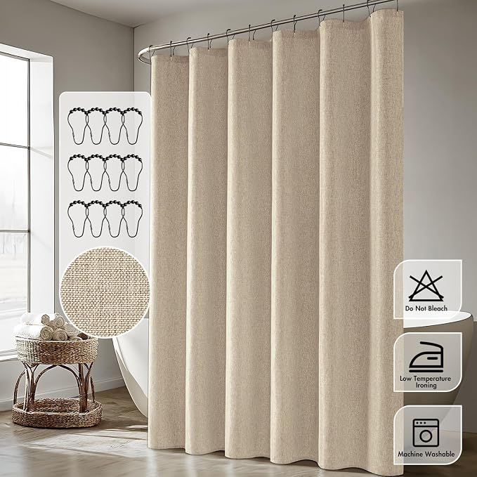 ANRODUO Copper Brown Linen Textured Fabric Shower Curtain Set - W72xL84 | Farmhouse Shower Curtain with 12 Metal Hooks, Waterproof Heavy Duty, Button Hole Design, Machine Washable for Bathroom