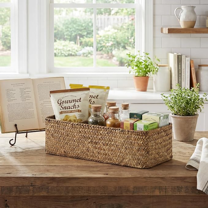 StorageWorks Toilet Paper Basket, 3-Section Toilet Tank Basket, Seagrass | Wicker Basket, Toilet Paper Storage for Back of Toilet Tank, Woven Baskets for Shelves, Wicker Baskets with 3 Compartments