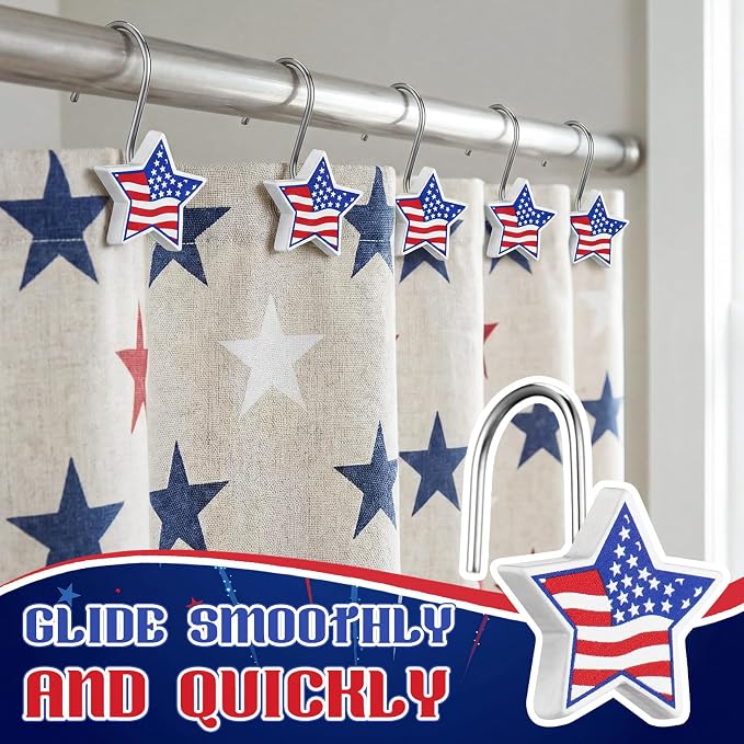 Yaocom 12 Pcs Patriotic Star Shower Curtain Hooks, 4th of July | American Flag Resin Hooks, Rings for Independence Day Bathroom Decor, Fits Standard Shower Rods, 250th Anniversary USA