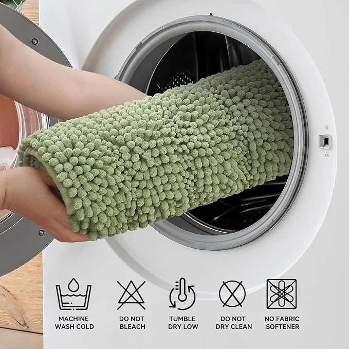 Bcoimo Small Bath Rug Mat,Sage Chenille High Absorbent Bathroom Floor Mats | Non Slip with Rubber Backing 24x17 Bathroom Rug; Machine Washable;Extra Soft Bath Rug;High Absorbent、Quick Dry Microfiber mat
