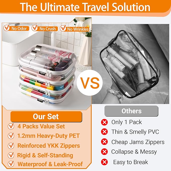 YQBRAO Clear Hard Shell Zipper Cases, 4 Medium Makeup Organizers, White | Rigid 1.2 mm PET and YKK dual zippers for skincare, toiletries, chargers, notebooks and daily essentials