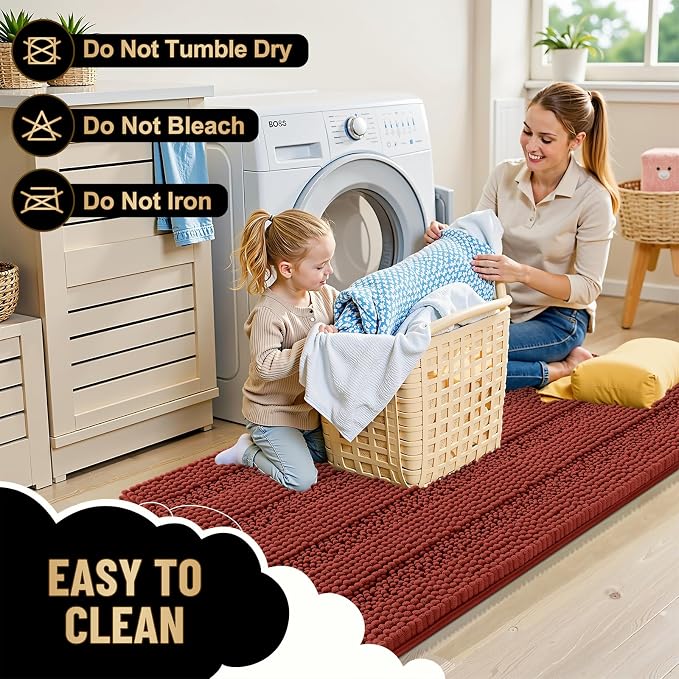 OLANLY Thick Bathroom Rugs 36x24, Chenille Bath Rugs, Rustic Terracotta | Rubber Backing, Machine Wash, Extra Absorbent Striped Bath Mats for Bathroom Floor, Tub and Shower, Home Decor Accessories