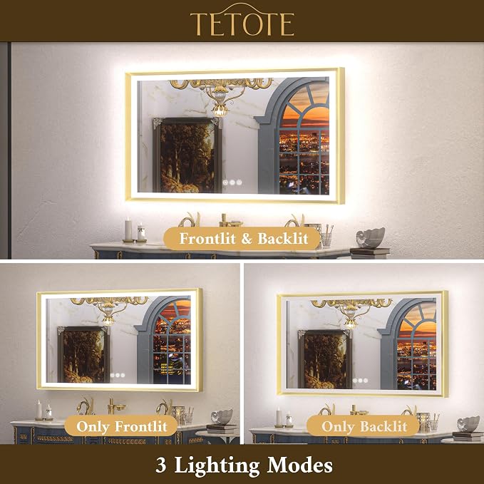 84x36 LED Bathroom Mirror with Lights Gold Frame Frontlit & Backlit Lighted Vanity Mirror Baroque Anti Fog Dimmable White/Warm/Natural,CRI90+,Waterproof,Wall Mounted(Horizontal/Vertical)