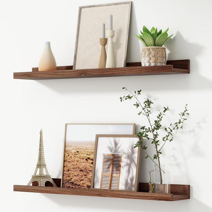 Picture Ledge Shelf, Floating Shelves Set of 2, 30 Inches Nursery Book Shelves for Toys Storage, Kids Bookshelf Wall Mounted for Living Room Bedroom Decor Books Photo Frames, Walnut