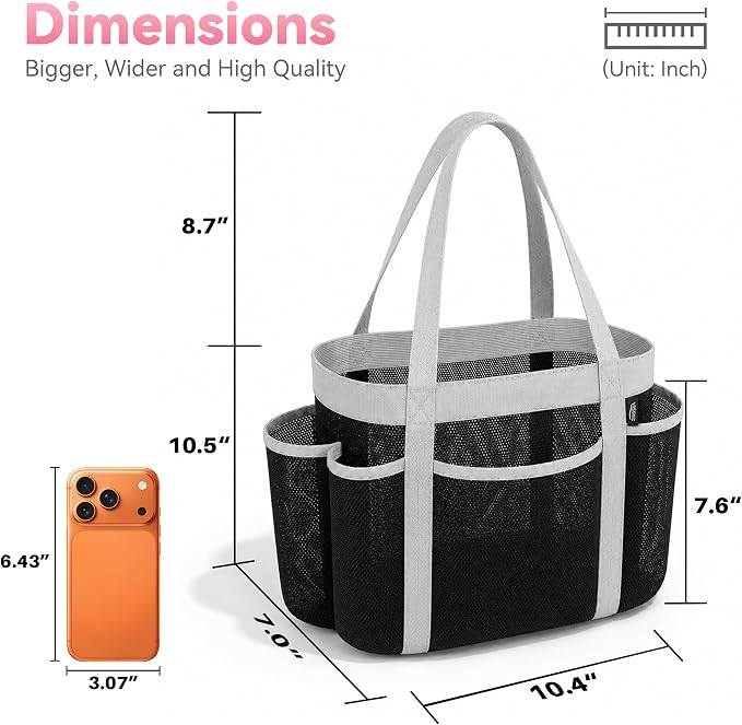 Double Handles Mesh Shower Caddy Portable for College Dorm Essentials, 8 Pockets Large Capacity Shower Organizer for Girls, Quick-Dry Hanging Toiletry Bag for Bathroom Travel, Black&Grey