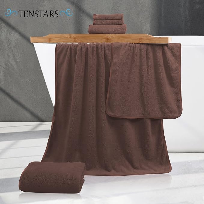 TENSTARS Luxury Silk Hemming Towel Set - Light Thin Quick Drying - 2 Bath Towels 2 Hand Towels 2 Washcloths - Ultra Soft Microfiber Towel for Bath Fitness, Sports, Yoga, Travel (Wood Brown 6 Pieces)