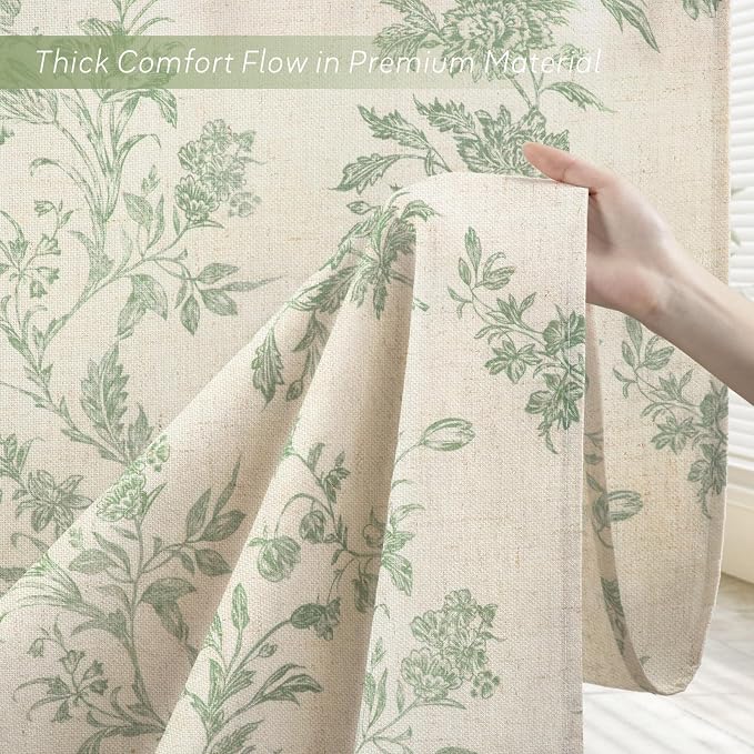 Sage Green Floral Shower Curtain,Vintage Linen Beige Cottagecore Shower Curtains for Bathroom, 72" W x 78" L