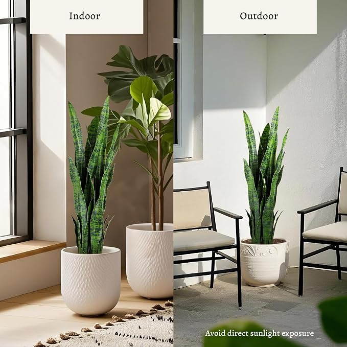 KOL 3ft 2-Pack Artificial Snake Plant - Thick Lifelike Leaves, Faux Silk Sansevieria for Indoor Home & Garden Decor, 35in Potted Fake Mother-in-Law's Tongue Plants, Green