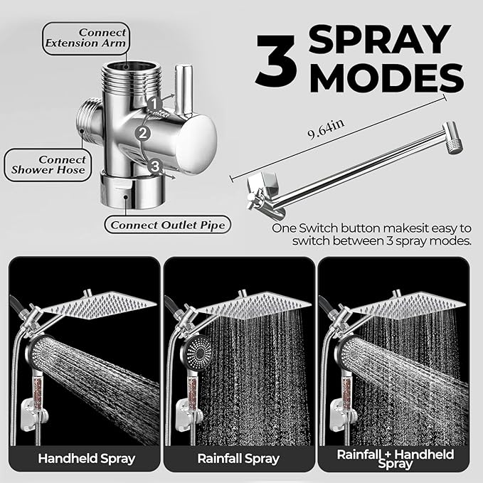 Filtered Shower Head,8 Inch Rain Shower Head with Handheld Spray Combo, Adjustable High Pressure Rainfall Shower Head, Dual Showerhead Set with Extension Arm and 60 Inch Long Shower Hose
