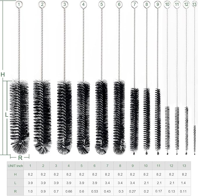 CiaraQ Bottle Cleaning Brushes, 8 Inch Nylon Tube Brush Set | Black Cleaner for Narrow Neck Bottles Cups with Hook, Set of 13pcs