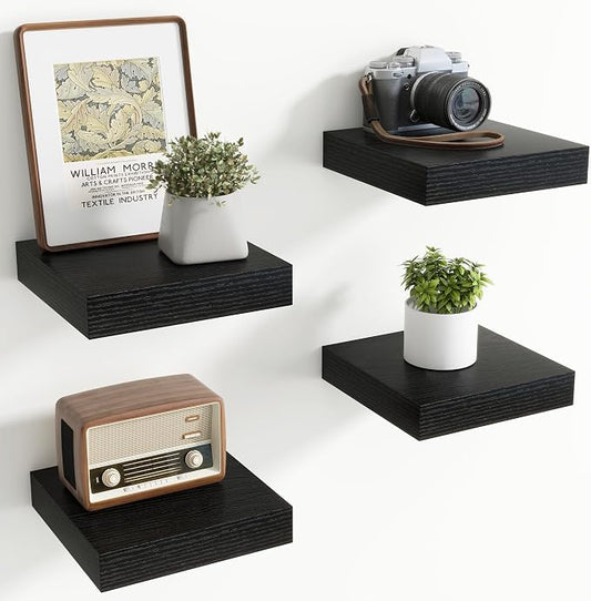 8Inch Square Floating shelves for Wall, 8In Deep, Invisible Brackets, Black | Rustic Wall Mounted Shelf, Storage & Display, Wooden Shelves for Living Room, Kitchen, Bathroom and Home Decor, Set of 4