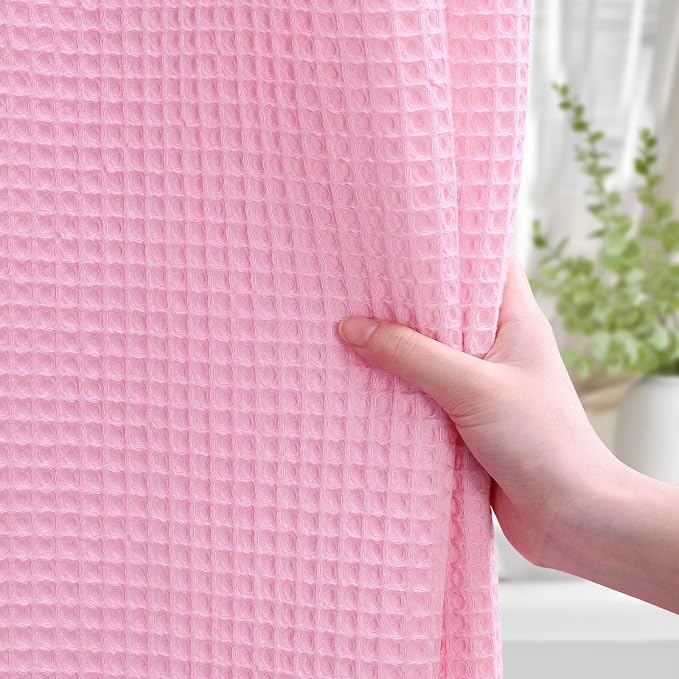 Waffle Weave Shower Curtain Heavyweight Cotton Fabric Pink 72Wx72L | Soft Cotton Cloth,3D Square Truely Waffle Washable, Hotel Luxury Spa, Shower Curtain Set for Bathroom 12 Plastic Hooks