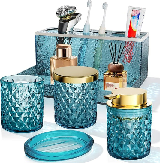 Glass Bathroom Accessories Set 5Pcs Crystal Teal, Foaming Soap Dispenser, Soap Dish, Cup, Acrylic Toothbrush Holder with Tray Organizer, Cotton Swab Jar, Bathroom Counter Set Sink Decor