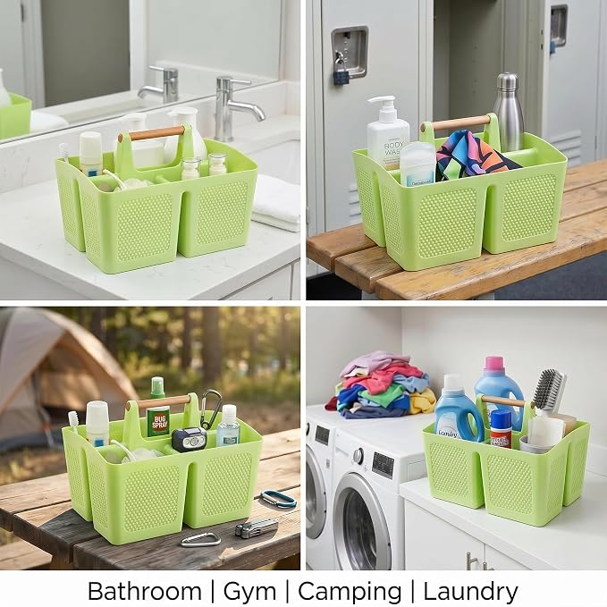 Plastic Green Shower Caddy Basket with 3 Compartments, Portable Divided Bathroom Cleaning Caddy Organizer Storage Tote with Handle for Dorm, College, Room Essentials