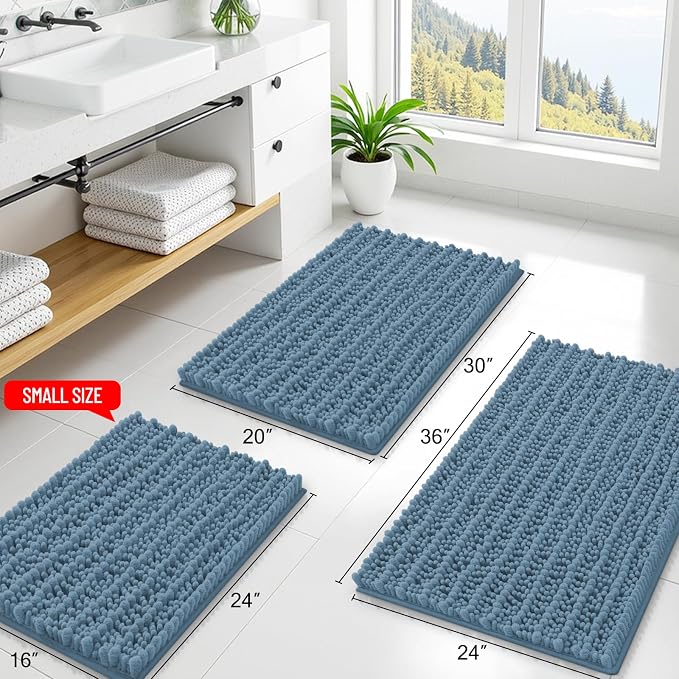 Smiry Bathroom Rugs 70X24, Extra Soft Rubber Backing Chenille Bath Mats | Grayish Blue Machine Washable Non Slip Quick Dry Bath Mats for Bathroom Floor, Tub, Shower, Home Decor Accessories