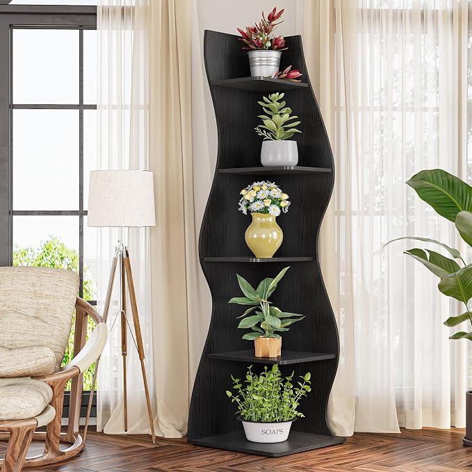 LITTLE TREE Small Corner Shelf, Modern 5-Tier Wall Wavy Corner Bookshelf | Stylish Bookcase Storage Rack for Small Space, Living Room, Bedroom, Black