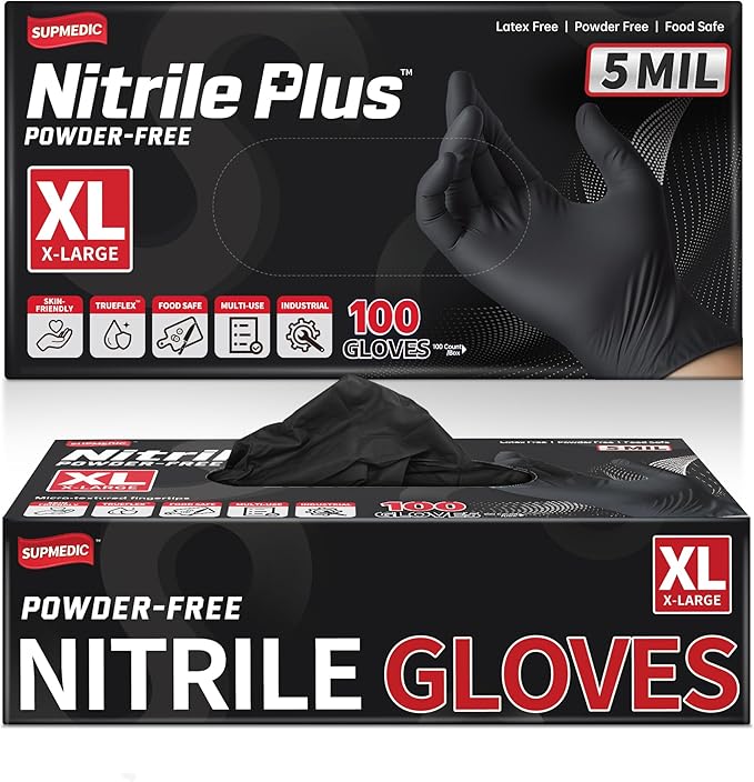 Nitrile+ Disposable Gloves, 5 Mil Latex & Powder-Free Glove 100 Ct | Soft Stretch Fit •Powder-Free •Latex-Free •Chemical Resistant •Cooking •Cleaning •Food Prep •Exam •Blue /Black •100 Ct