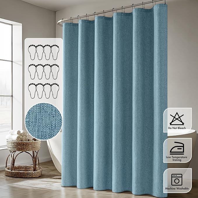 ANRODUO Moonlight Blue Long Linen Fabric Shower Curtain Set - W72xL108 | Farmhouse Shower Curtain with 12 Metal Hooks, Waterproof Heavy Duty, Button Hole Design, Machine Washable for Bathroom