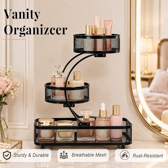 3 Tier Bathroom Counter Organizer-Metal Makeup Organizer for Vanity | Perfume & Cologne Organizer, Metal Wire Mesh Design, Heavy Duty Shelf with Large Storage Capacity, Black