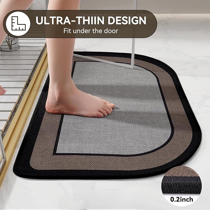 Half Circle Bath Mat, Thin Bathroom Rugs Fit Under Door, Grey 24x35 | Non Slip, Quick Dry Absorbent, Rubber Backing Washable, Semi Circle Bathmat for Bathroom Floor, Tub and Shower, Home Decor