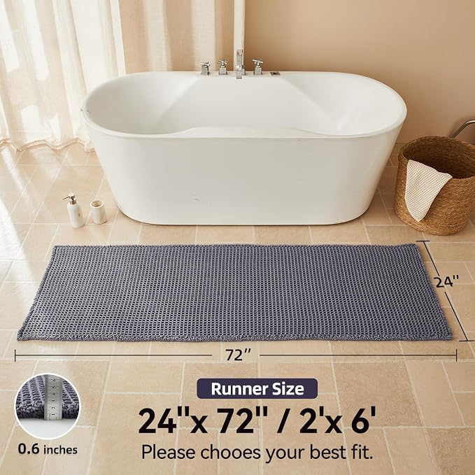 Triohero Waffle Runner Bath Mat - Long Bathroom Rugs Non Slip Washable, Ultra Soft Super Absorbent Quick Dry Boho Farmhouse Bathroom Decor, 24" x 72", Dark Grey