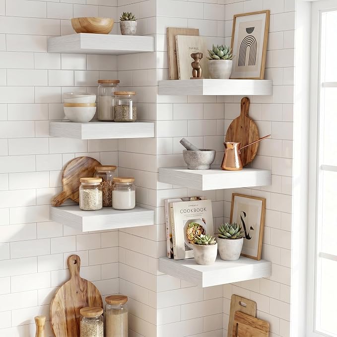 Fun Memories Floating Shelves for Wall 12 Inch, 12 Inch Deep Square Wall Shelves, Bathroom Storage Shelves Over Toilet, Wood Floating Shelves for Living Room Bedroom, White, Set of 2