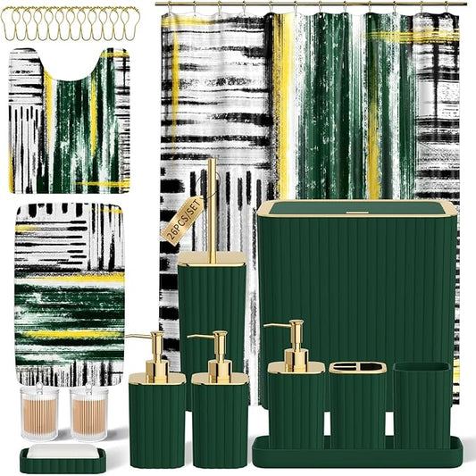 Bathroom Set - Bathroom Accessory Set, Dark Green Bathroom Set, 26PC Bathroom Sets with Shower Curtain and Rugs, Toilet Brush, Trash Can, Qtip Holder & Bathroom Soap Dispenser Set