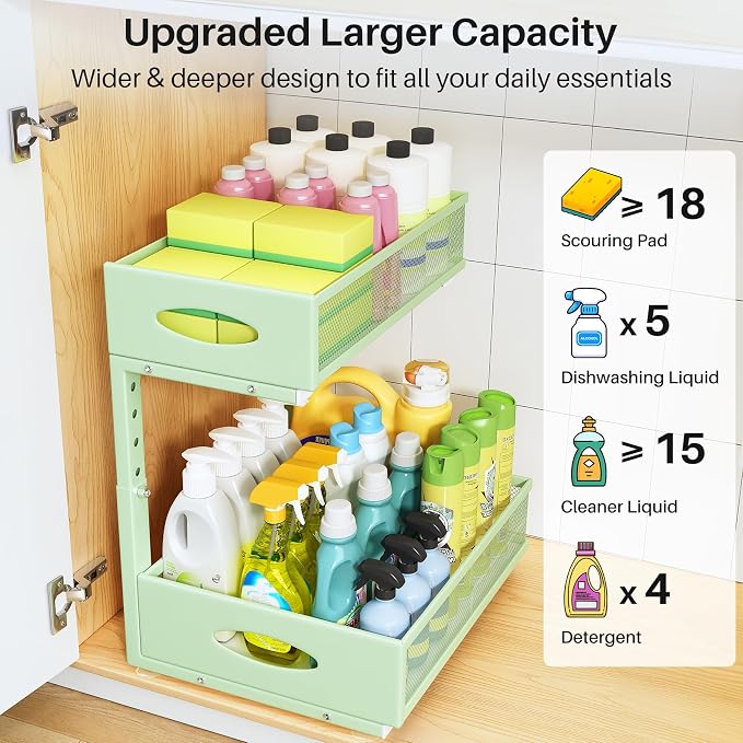 Under Sink Organizer, 2 Pack 2 Tier Pull Out Under Cabinet Organizer Shelf with Pad for Framed Cabinets, Metal Slide Out Under Sink Storage, Mesh Sliding Drawers for Kitchen Bathroom Laundry, Green