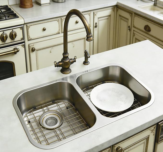 SANNO Sink Protector Grid for Kitchen Sink,Bottom Grid 1Pack | 14.57" L X 11.22" W, Rear Drain Hole, Gold Stainless Steel