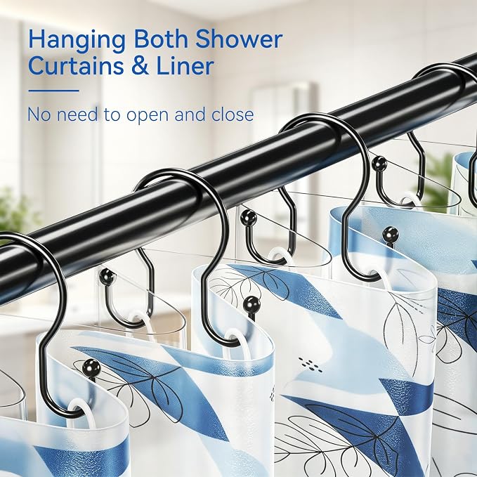 OEH Shower Curtain Hooks, 12 Pcs Minimalist Shower Curtain Rings, Metal Shower Curtain Hangers, Double Hook Black Shower Curtain Hooks Rust Proof, Glide Smoothly Shower Hooks for Shower Curtain, Black