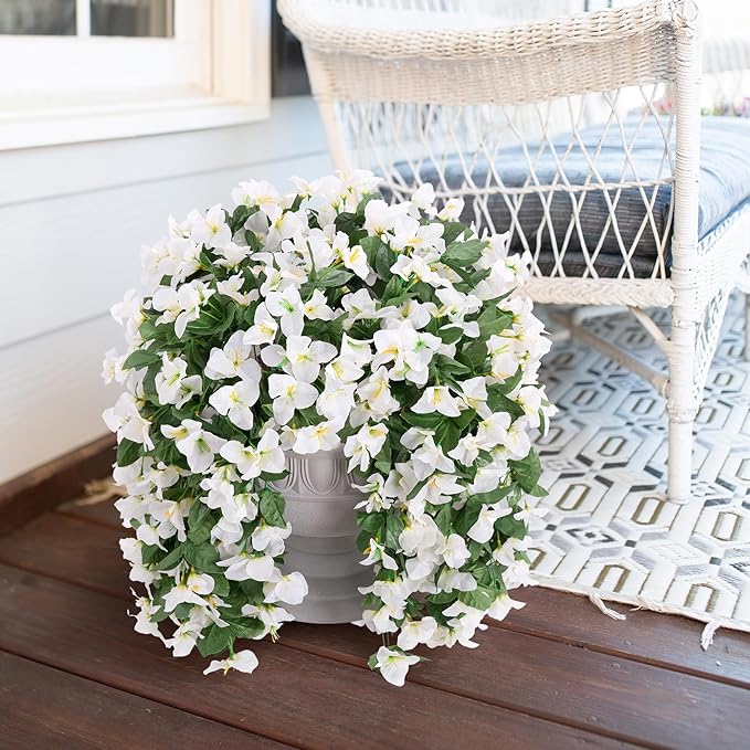 Faux Bougainvillea Artificial Flowers for Outdoors Fake Plants Outside Decoration, 2 PCS White Faux Flowers UV Resistant Look Real Silk Long Trailing Vines for Front Door Porch Planter Patio Garden