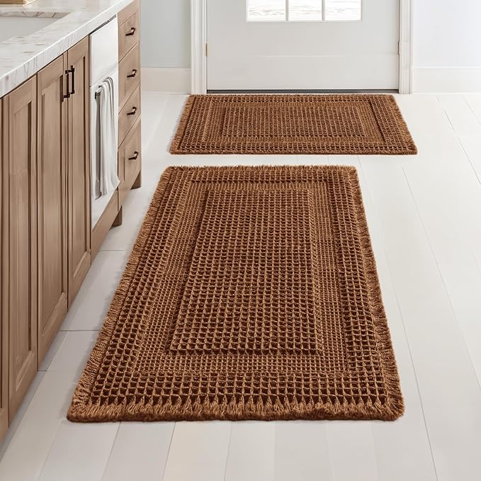 MIULEE Set of 2 Waffle Bathroom Rugs Caramel Boho Bath Mat 17x24+18x30 in | Looped Design, Super Absorbent, Non Slip, Washable, Ultra Soft, Rubber Backed, Bathroom Mats for Floor Tub Shower