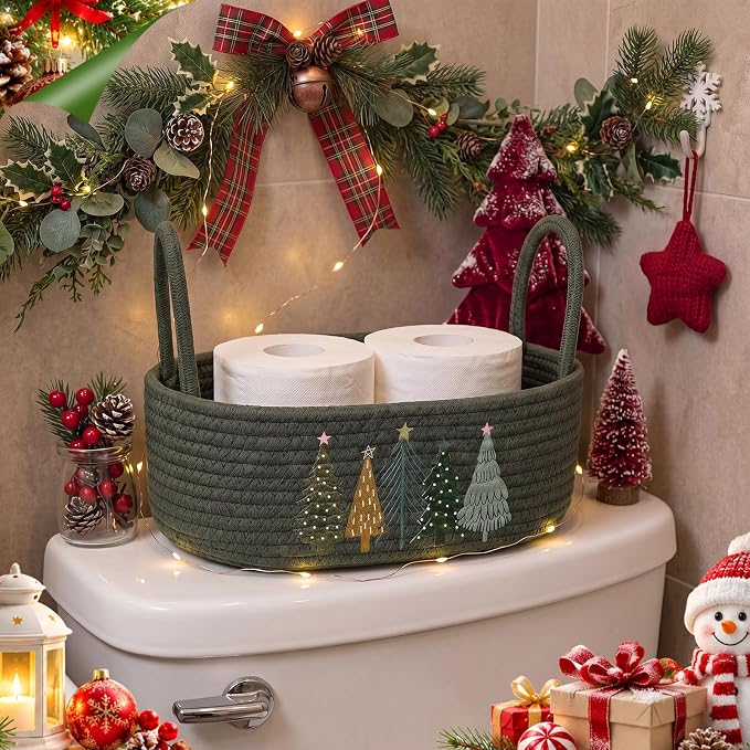 Vesici Christmas Tree Toilet Basket Green Cotton Rope Storage with Handle | Woven Organizer for Bathroom Countertop, Holds Toilet Paper on Tank Top, Christmas Tree Embroidery, Bedroom Nursery, 13x6x4