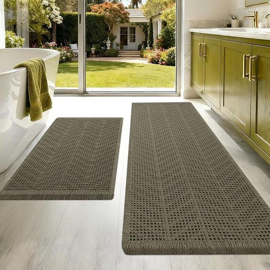 Upgraded Waffle Bath Mat Set 2 Piece Greyish Green-Herringbone, Super Absorbent Non-Slip Quick Dry Bathroom Rugs with Tassels,Machine Washable Ultra Soft Boho Bath Rugs, Bath Mats Boho Farmhouse Decor