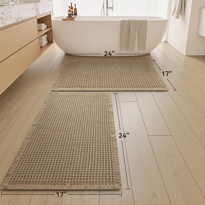 Upgraded Waffle Bath Mats Set of 2, Super Absorbent Non Slip Bath Mats for Bathroom Floor, Washable Boho Bathroom Rugs Set 2 Piece with Tassels, Soft Bathroom Mat Set, 17" x 24" (2 Pack), Brown