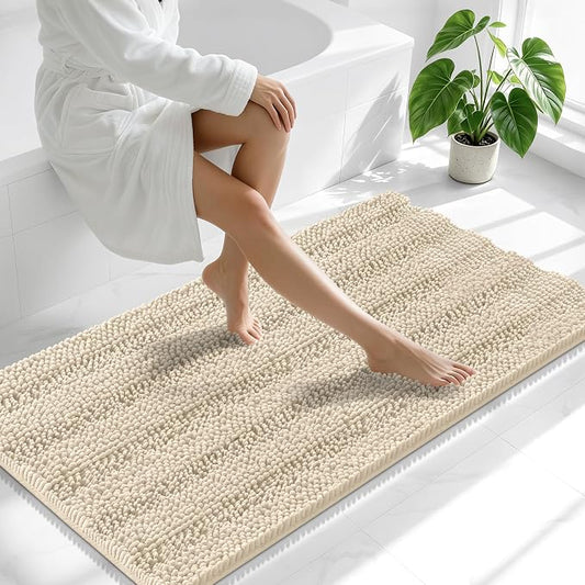 Smiry Thick Chenille Bathroom Runner Rugs 47x24, Absorbent Bath Mat, Sand | Quick‑Dry & Machine Washable, Non‑Slip Bath Carpet, Soft Striped Bath Rugs for Tub & Shower, Modern Home Decor Accessories