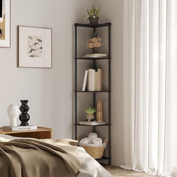 SUNMORY 5 Tier Corner Shelf, 65" Tall Corner Shelves for Living Room Decor | Wall Corner Bookshelf, Industrial Display Shelf, Multi Unit Organizer, Narrow Plant Stand for Bedroom Bathroom Small Space