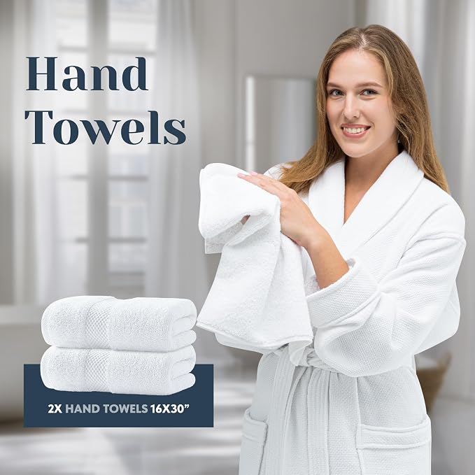 Luxury White Bath Towel Set of 8 Pieces - 100% Turkish Cotton 700 GSM Highly Absorbent Towels for Bathroom, 2 Bath Towels, 2 Hand Towels, 4 Washcloths
