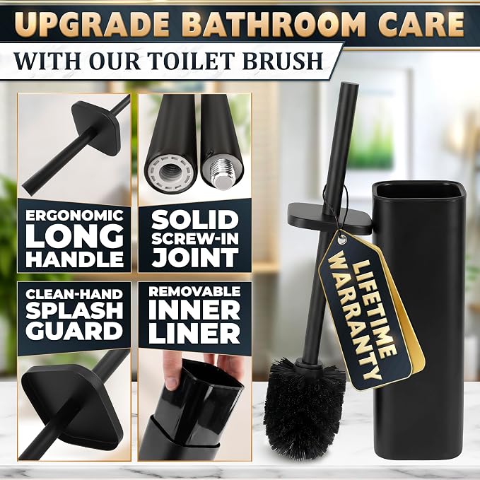 Black Toilet Brush and Holder Set for Modern Bathrooms (Square) | Toilet Bowl Brush and Holder, Removable Inner Bowl, Dense Bristles, Long Handle, Scratch Resistant, Detachable Long Handle