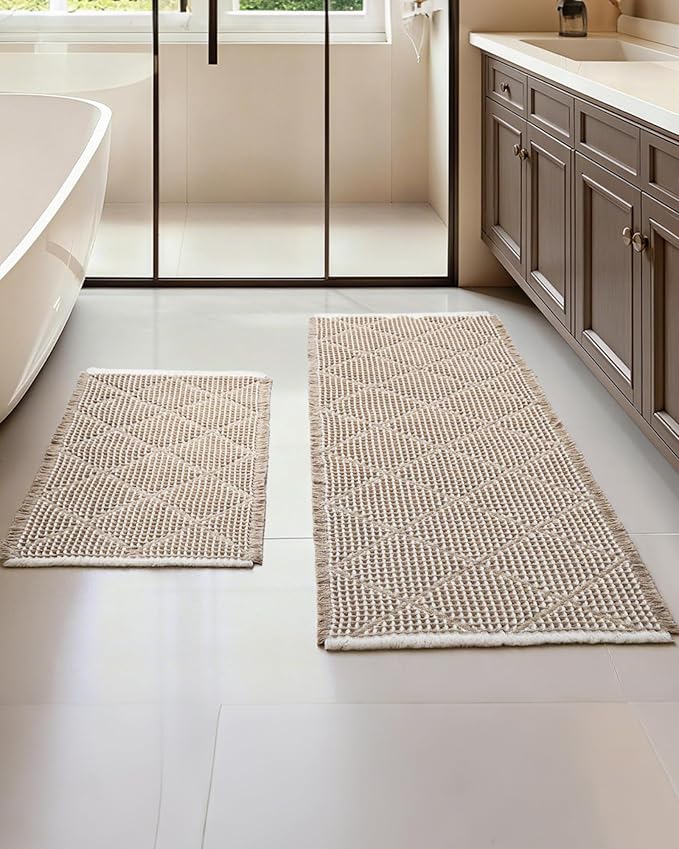 Furicher Waffle Bath Mat Set, Non Slip Bathroom Rugs 2 Piece, Brown & White | Ultra Absorbent Long Bath Rug Runner for Bathroom Boho Chic Decor, Machine Washable Floor Mats, 20"×47" Plus 18"×30"