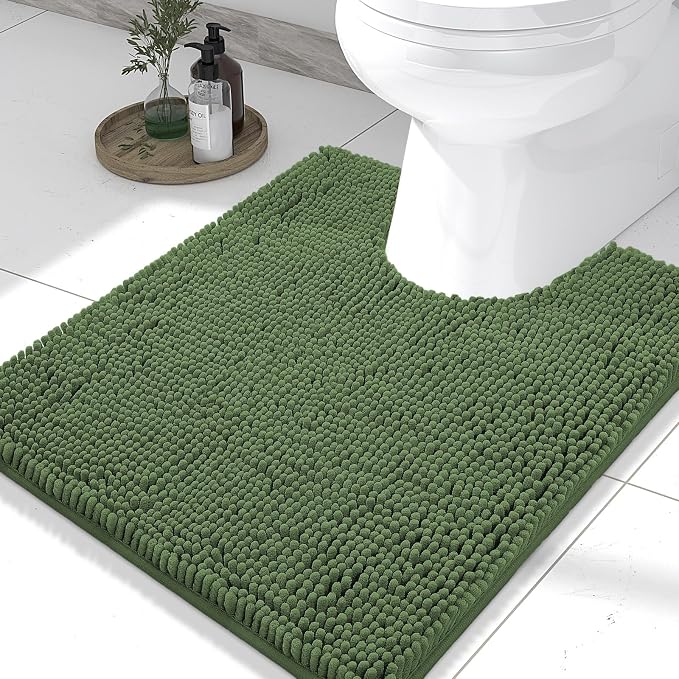 Smiry Toilet Rugs U-Shaped 24x20, Extra Soft Absorbent Contoured Bath Mat | Olive Green, Machine Washable Non Slip Luxury Chenille Contour Bath Rugs for Toilet