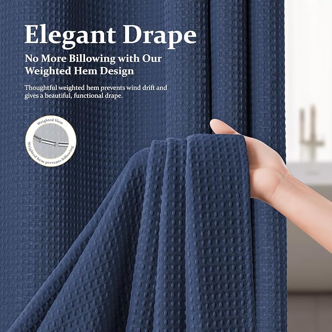 Extra Long Waffle Shower Curtain 256 GSM Fabric 72x90 Navy Blue | 90 Inch Tall, Thick Polyester Cloth, Weighted Hem, Water Repellent & Washable, Hotel Shower Curtain Set for Bathroom 12 Hooks