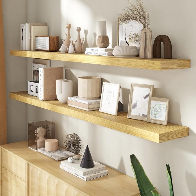 72 Inch Floating Shelves for Wall, 8 Inch Deep, Invisible Brackets, Oak | Rustic Wall Mounted Shelf, Storage & Display, Wooden Shelves for Living Room, Kitchen, Bathroom and Home Decor, Set of 2