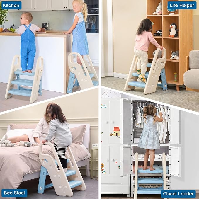 Foldable Toddler Step Stool for Bathroom Sink, Adjustable 3 Step Stool for Kids Toilet Potty Training Stool with Handles, Child Kitchen Counter Stool Helper, Plastic Ladder for Toddlers Blue