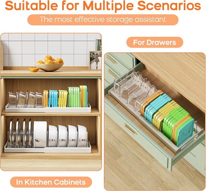 Nigelia Pots and Pans Organizer for Under Cabinet 22" Expandable Food Storage Container Lid Organizer with 10 Adjustable Dividers Pot and Pan Lid Holders Rack Inside Cabinet & Kitchen Countertop White