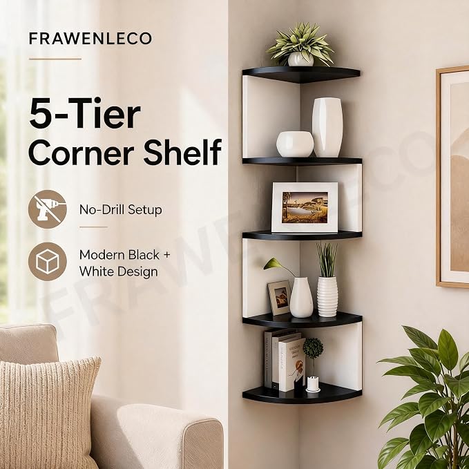 No-Drill Corner Shelf Wall Mount, 5-Tier Floating Corner Bookshelf with Hooks, Space-Saving Zigzag Plant Shelf for Bedroom, Living Room, Bathroom, Home Office(Black & White)