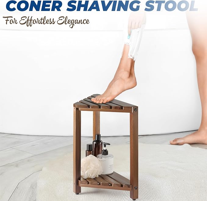 Bluewest 16.5 Inch Walnut Corner Shower Stool for Shaving Legs with Shelf | Acacia Wood Waterproof Shower Foot Rest and Wooden Corner Bench for Shaving Legs and Seating Inside Small Shower Spaces.