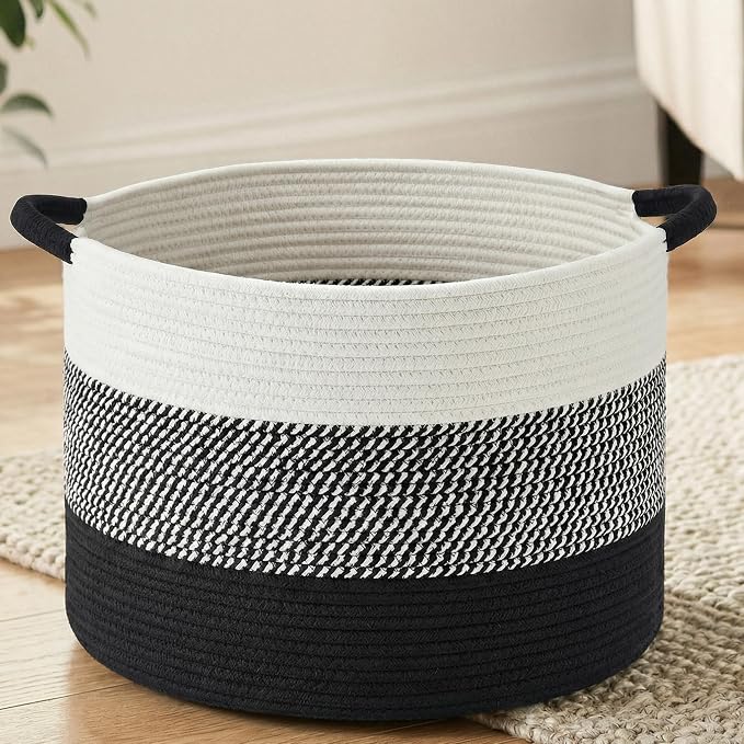 Artfeel 100L Large Cotton Rope Basket, Decorative Woven Blanket Storage for Living Room, Boho Toy Storage & Toy Box for Kids, Versatile Laundry Basket & Nursery Hamper for Blankets(Black)