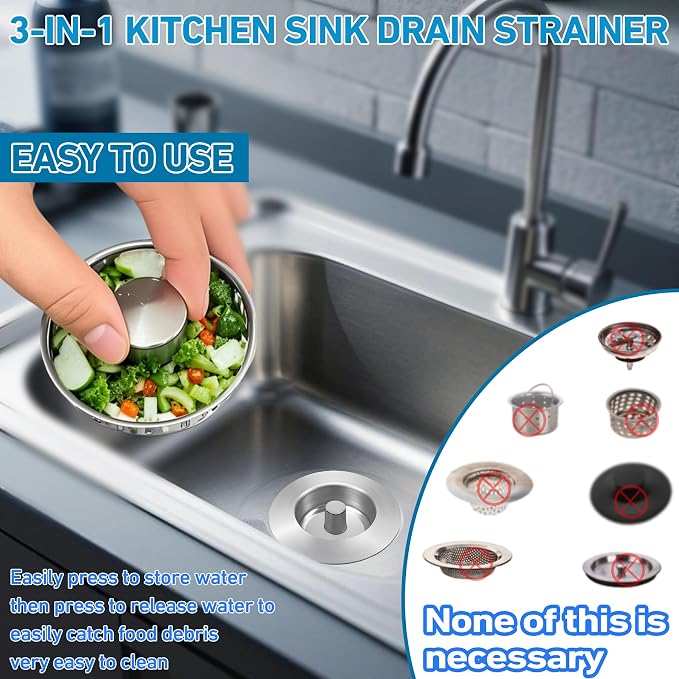 3-in-1 Kitchen Sink Drain Strainer & Stopper, Stainless Steel Food Catcher Plug with Filter Basket, Fits 3-1/2 Inch Drain Hole, Universal Sink Protector Cover, Anti-Clogging, Silver (Sus304, 1 Pack)