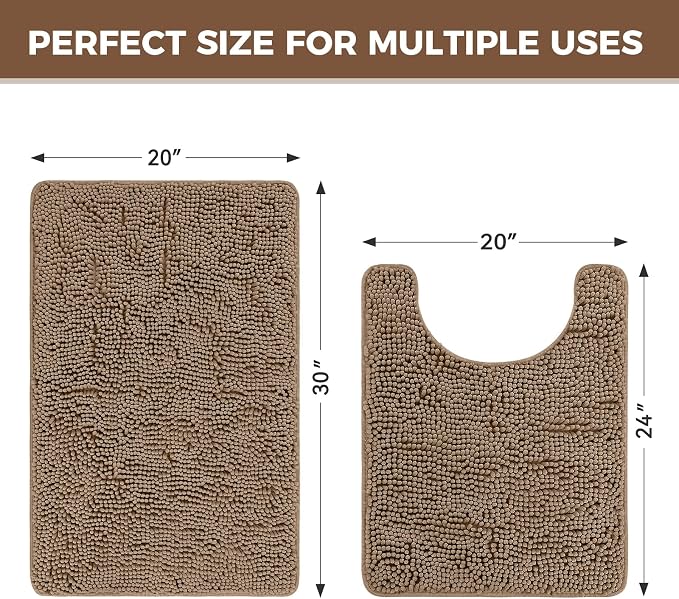 Bcoimo U Shaped Bath Rug Mat Set,2 Piece Chenille Latte Toilet Bathroom Rug | Extra Soft Bathroom mat set;Non Slip with Rubber Back Bath Mats;High Absorbent And Quick Dry Microfiber mat; Machine Washable